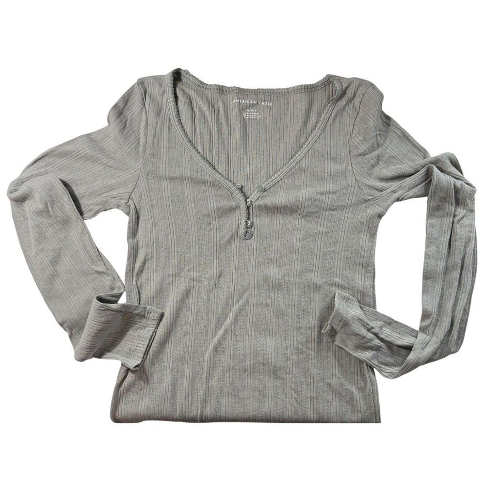 American Eagle Sage Green Ribbed V-Neck Henley Long Sleeve Top Cutie Medium